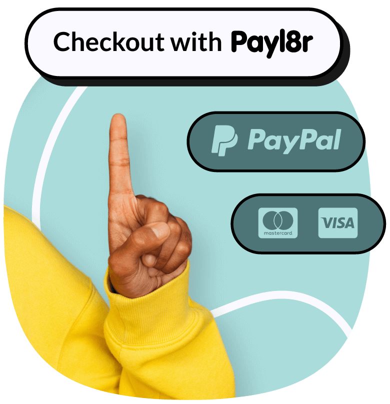hand pointing to Payl8r option among other methods, offering buy now pay later for business checkouts.
