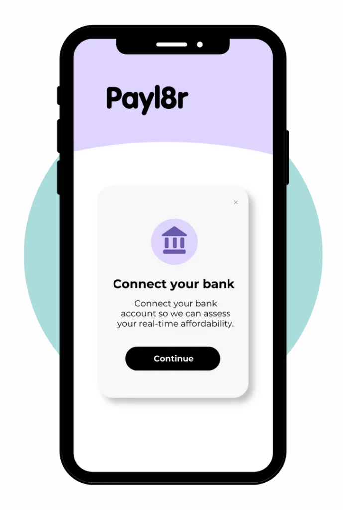 Phone screen showing Payl8r's bank connection service for real-time buy now pay later affordability checks
