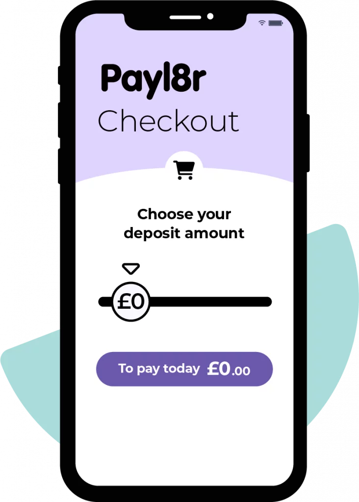 Mobile screen showing Payl8r Checkout with zero deposit option