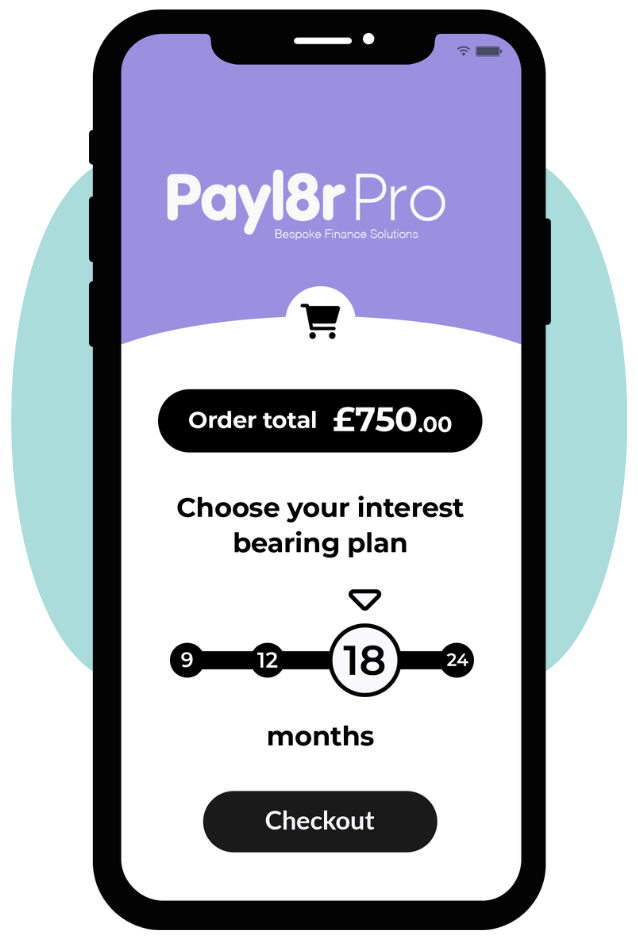 Smartphone showcasing Payl8r Pro with selectable buy now pay later interest-bearing plans for customers
